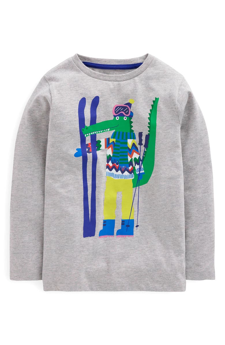 Boden Kids' Crocodile Graphic T-Shirt, Main, color, Grey Marl Skiing Croc