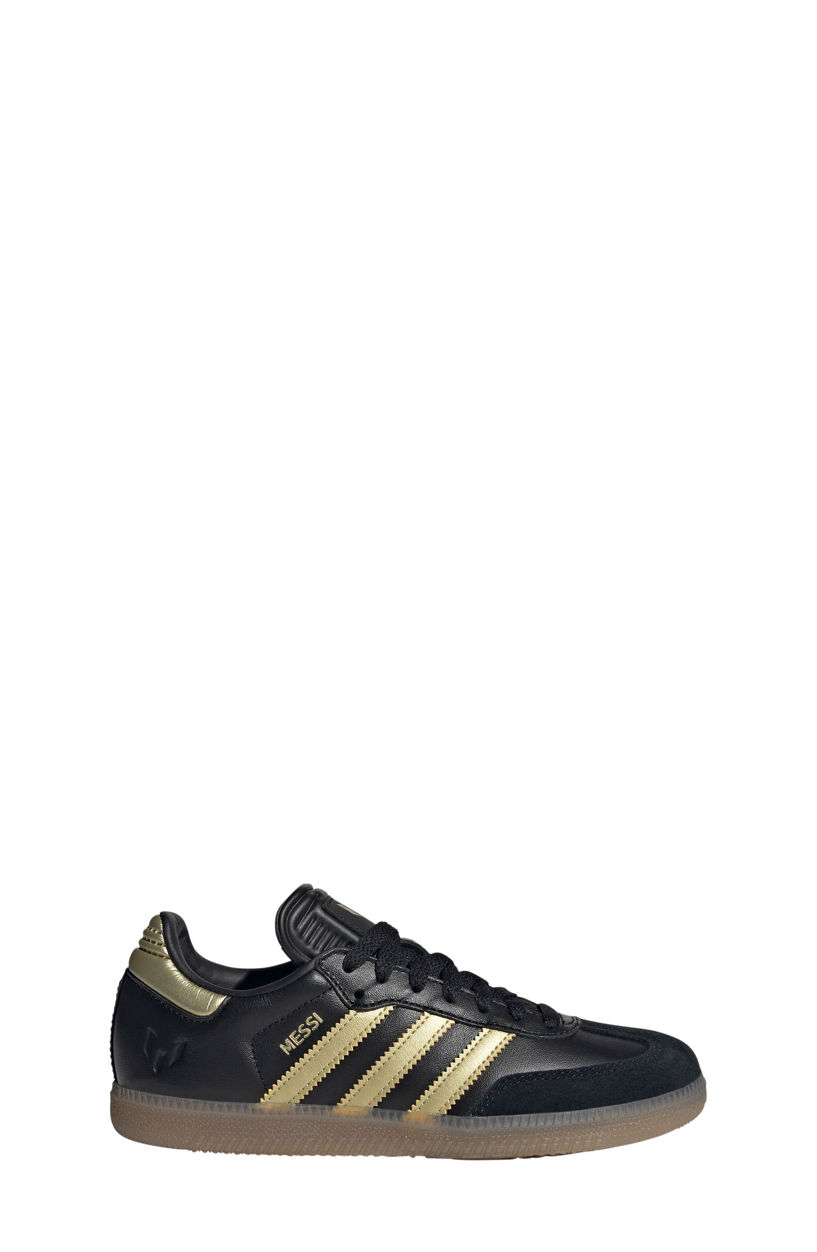 adidas Kids' Samba Messi Indoor Soccer Shoe, Alternate, color, Black/ Gold Metallic/ Gum