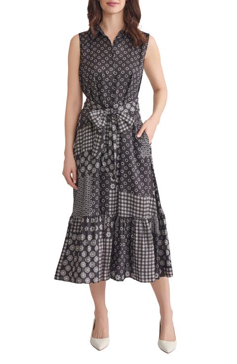 Print Tie Waist Sleeveless Midi Dress