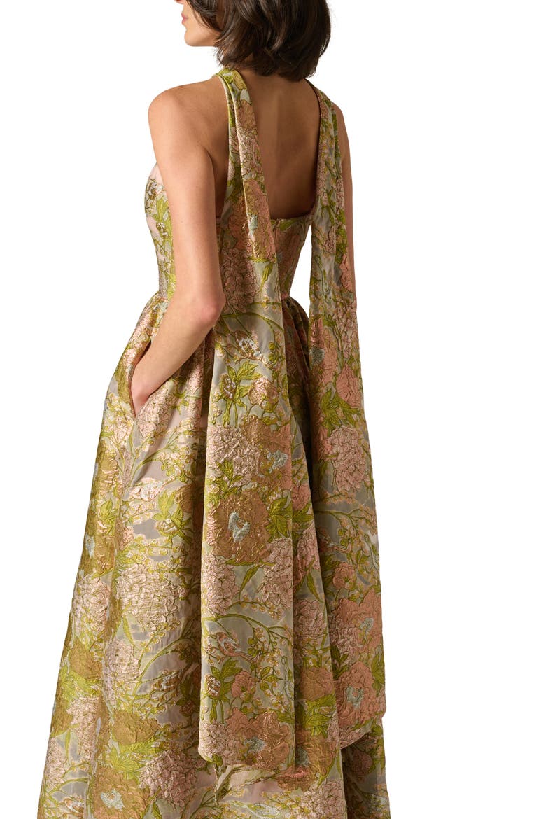 Metallic Floral Jacquard Halter Gown, Alternate, color, PINK MULTI