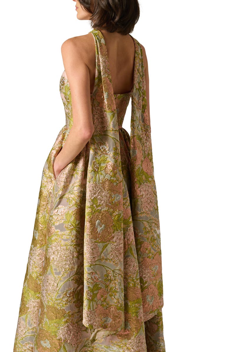 Aidan Mattox Metallic Floral Jacquard Halter Gown, Alternate, color, Pink Multi