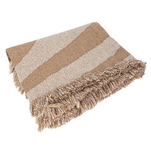 Woven Reclaimed Cotton Blend Throw with Wave Design and Fringe
