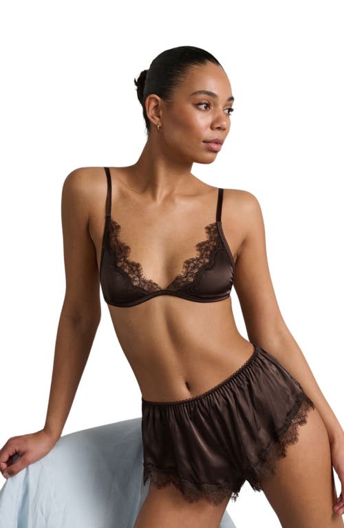 Shop Kat The Label Sorrento Eyelash Lace Trim Satin Bralette In Espresso