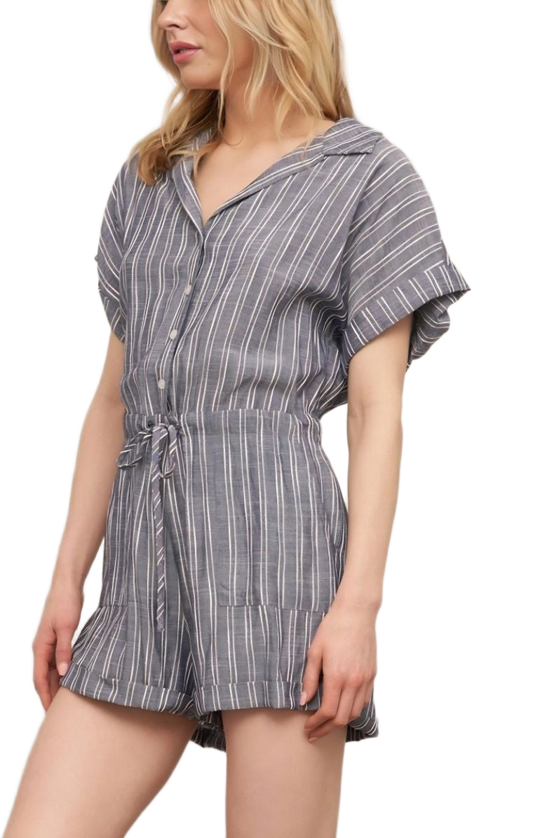Knit and Lounge Striped Button Front Drawstring Waist Short Sleeve Cuffed Hem Romper, Alternate, color, Slate Blue