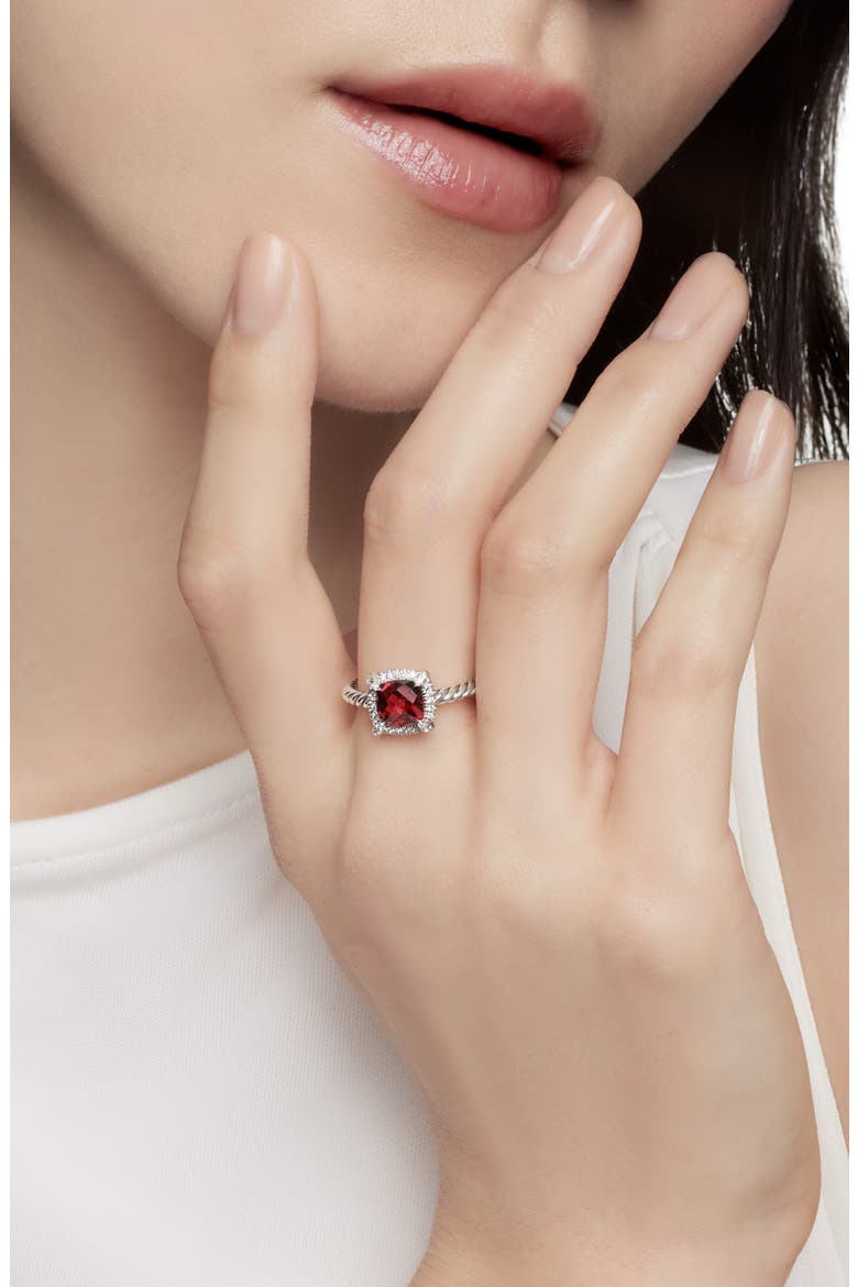 Petite Chatelaine® Pavé Bezel Ring with Semiprecious Stone and Diamonds, Alternate, color, SILVER PAVE/ RED GARNET