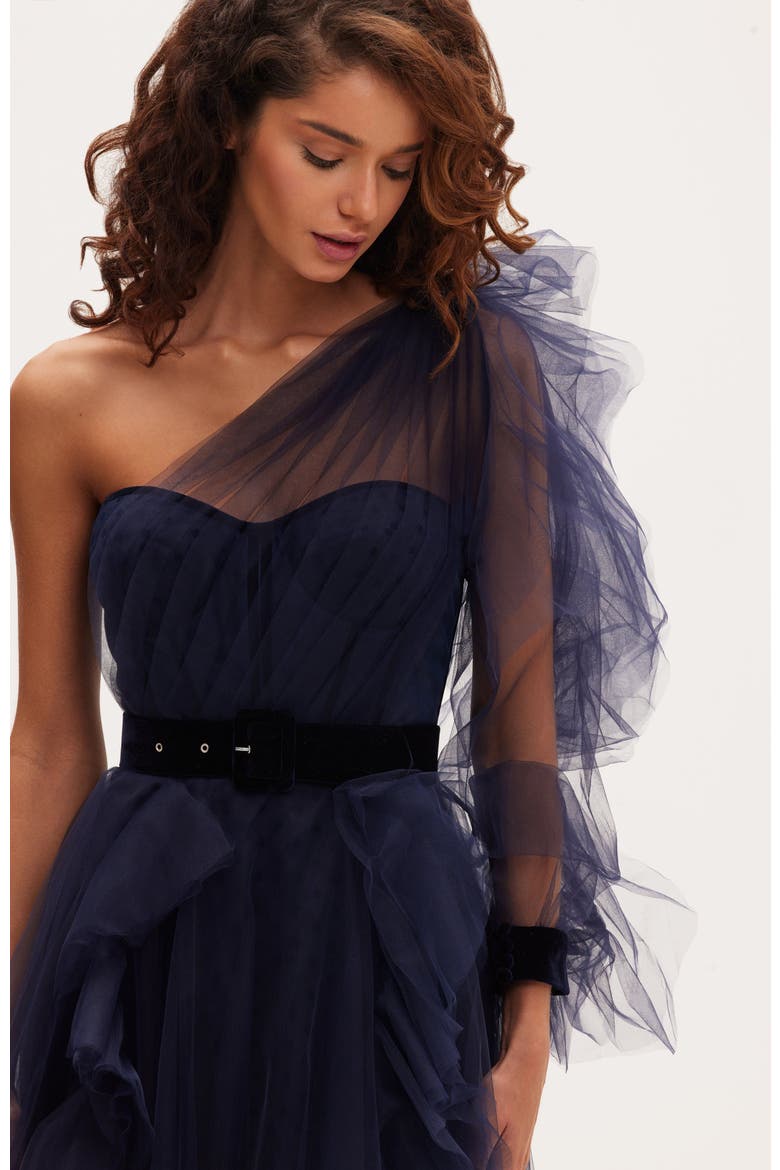 Royal Navy Tulle Gown With Detachable Sleeve, Alternate, color, Navy