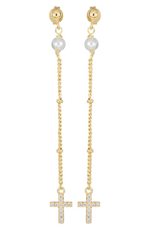 Athra Luxe Imitation Pearl & Cross Linear Drop Earrings