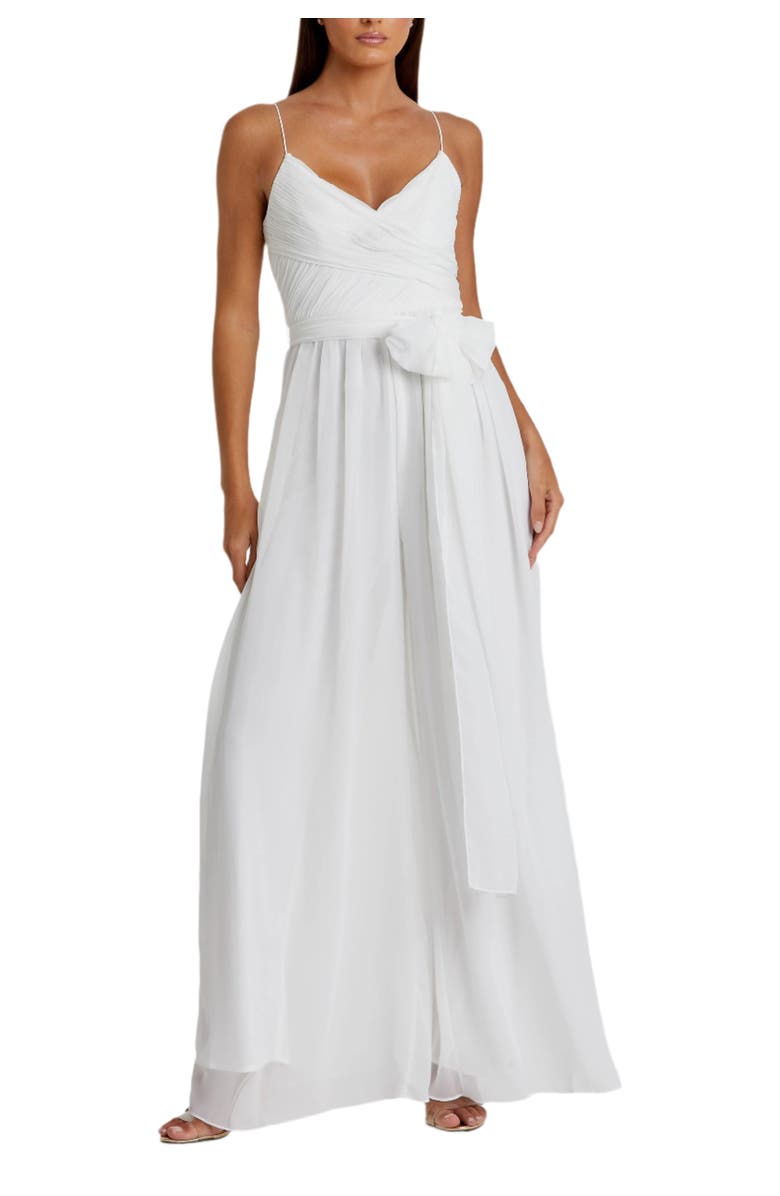 Mac Duggal Women's Flowy Faux Wrap Wide-Leg Jumpsuit, Main, color, White