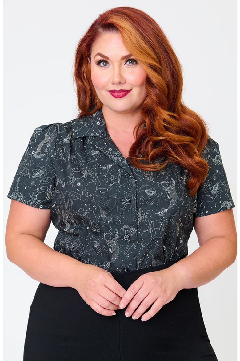 Plus Size 1940s Notched Collar Blouse, Main, color, Black w/ Astrology Print