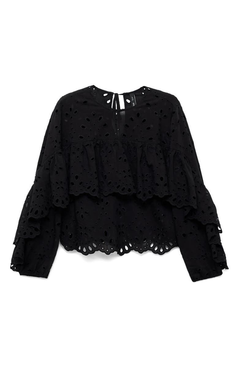 MANGO Molly Embroidered Eyelet Flutter Sleeve Top, Alternate, color, Black