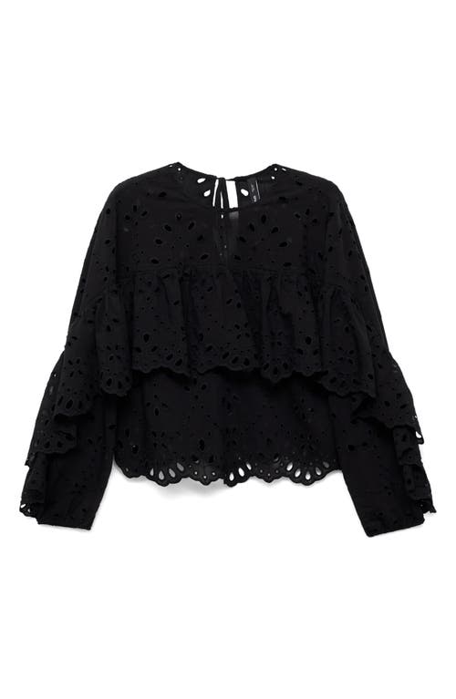 Mango Molly Embroidered Eyelet Flutter Sleeve Top In Black