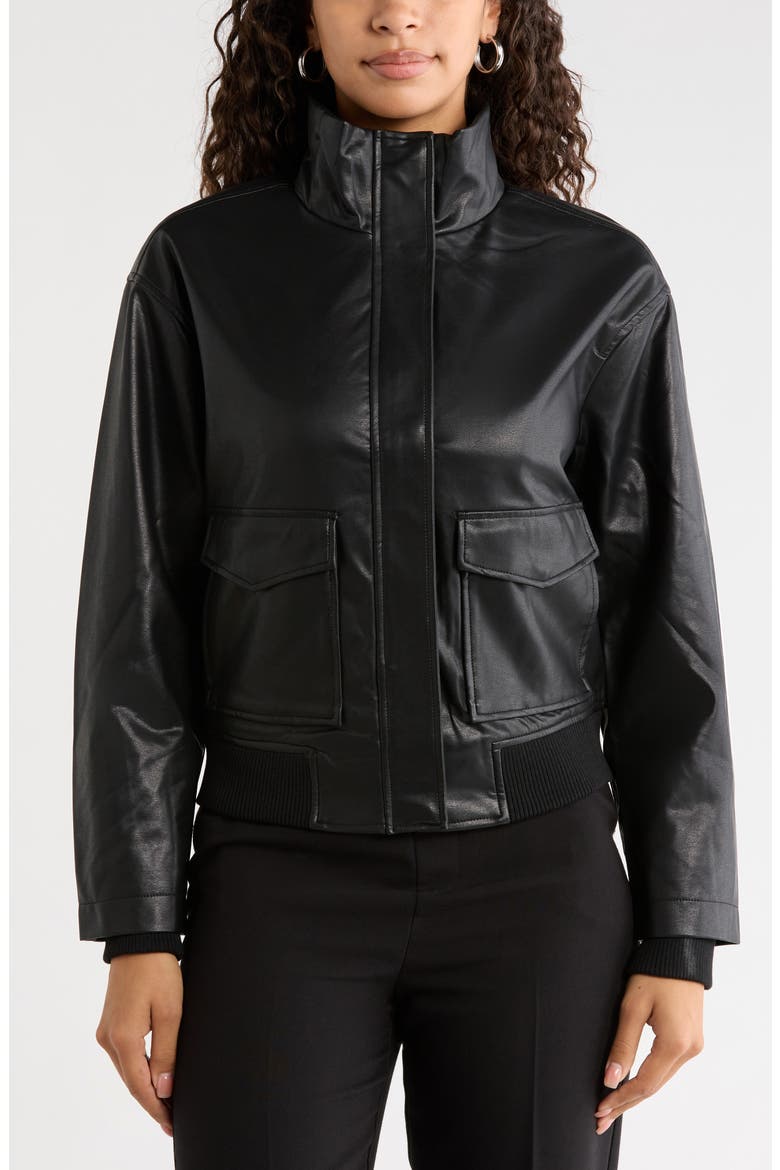 High Neck Faux Leather Bomber Jacket, Alternate, color, RICH BLACK