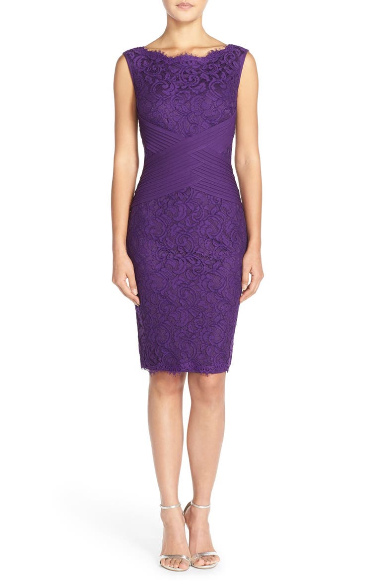 Crisscross Waist Lace Sheath Dress, Alternate, color, DEEP AMETHYST