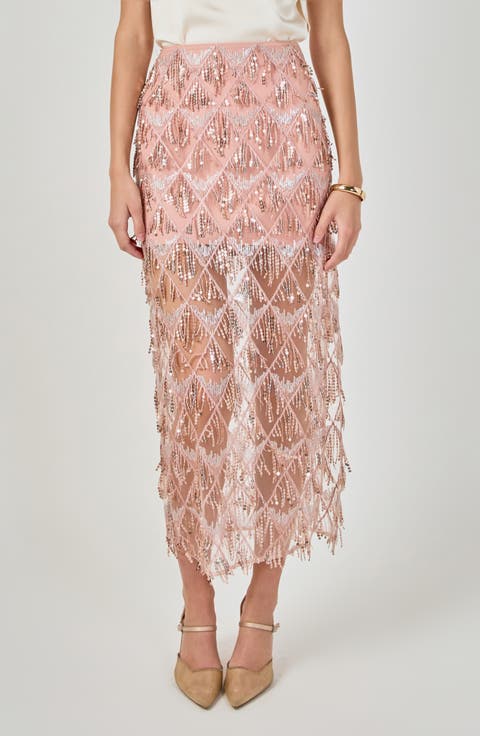 Beaded Fringe Sequin Maxi Skirt