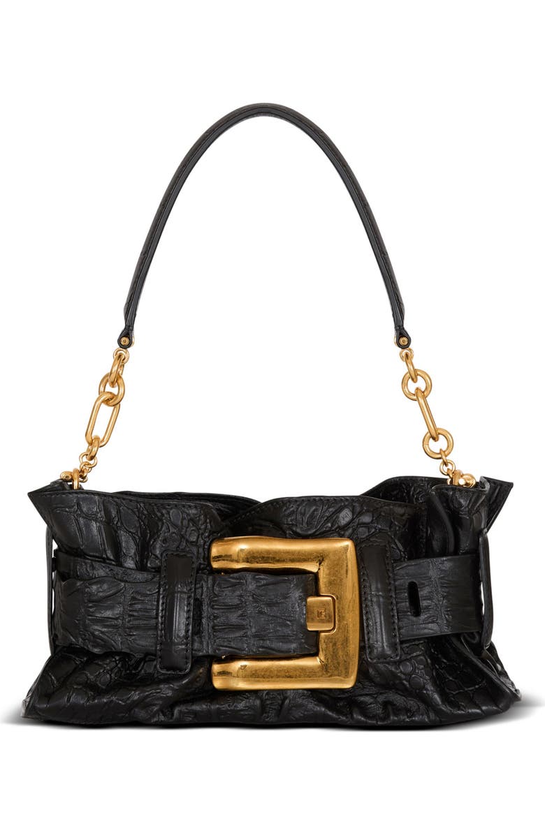 Balmain Mini Anthem bag in embossed crocodile-print calfskin, Main, color, Black