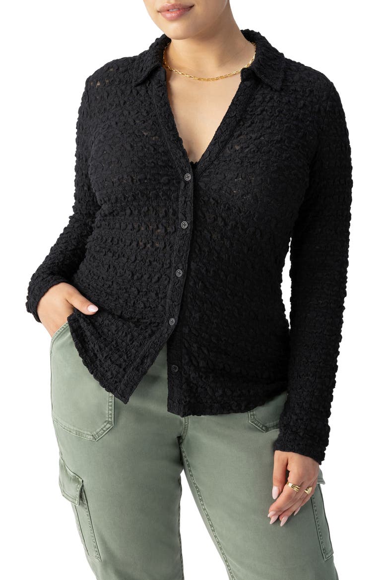 Pucker Up Dreamgirl Semisheer Cotton Blend Lace Button-Up Shirt, Main, color, BLACK