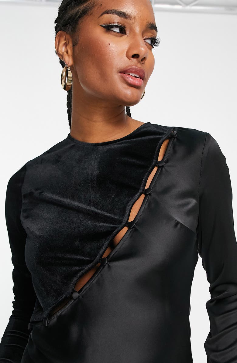ASOS DESIGN Long Sleeve Velvet & Satin Midi Dress, Alternate, color,