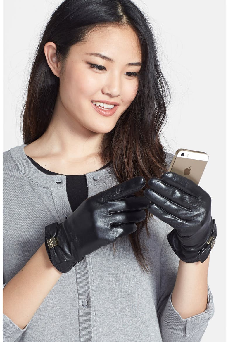 logo bow leather gloves, Main, color, BLACK