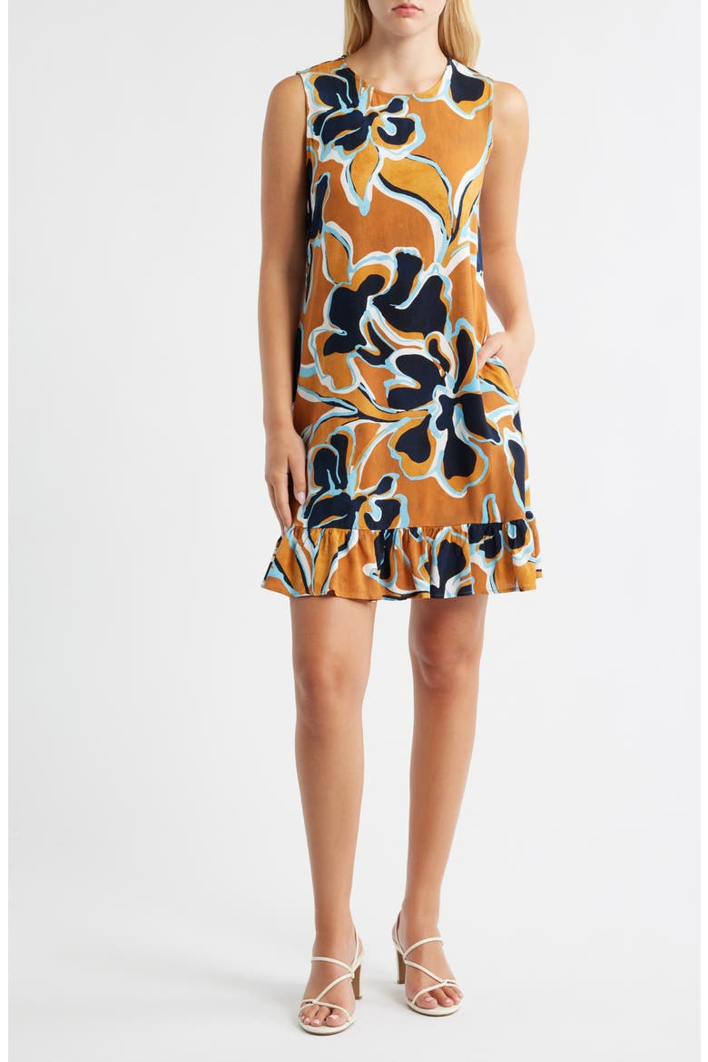 Floral Print Ruffle Hem Dress, Main, color, CAFE