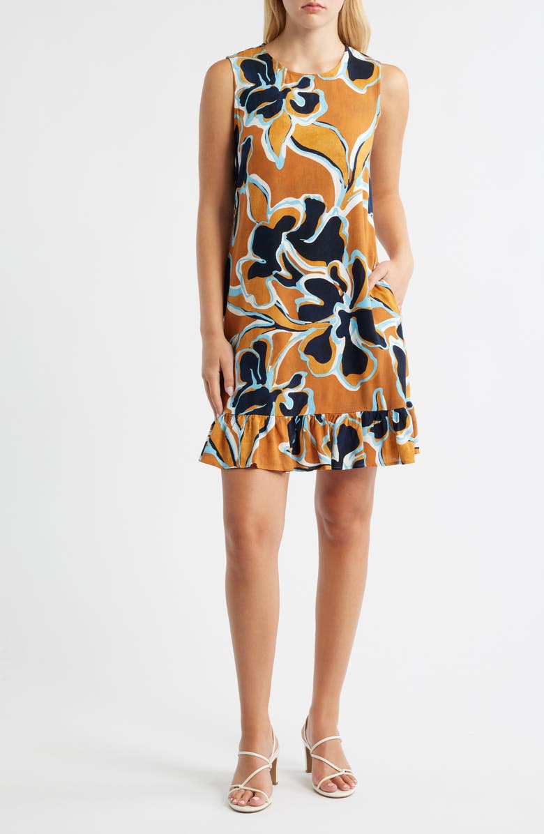 Halogen<sup>®</sup> Floral Print Ruffle Hem Dress, Main, color, Cafe