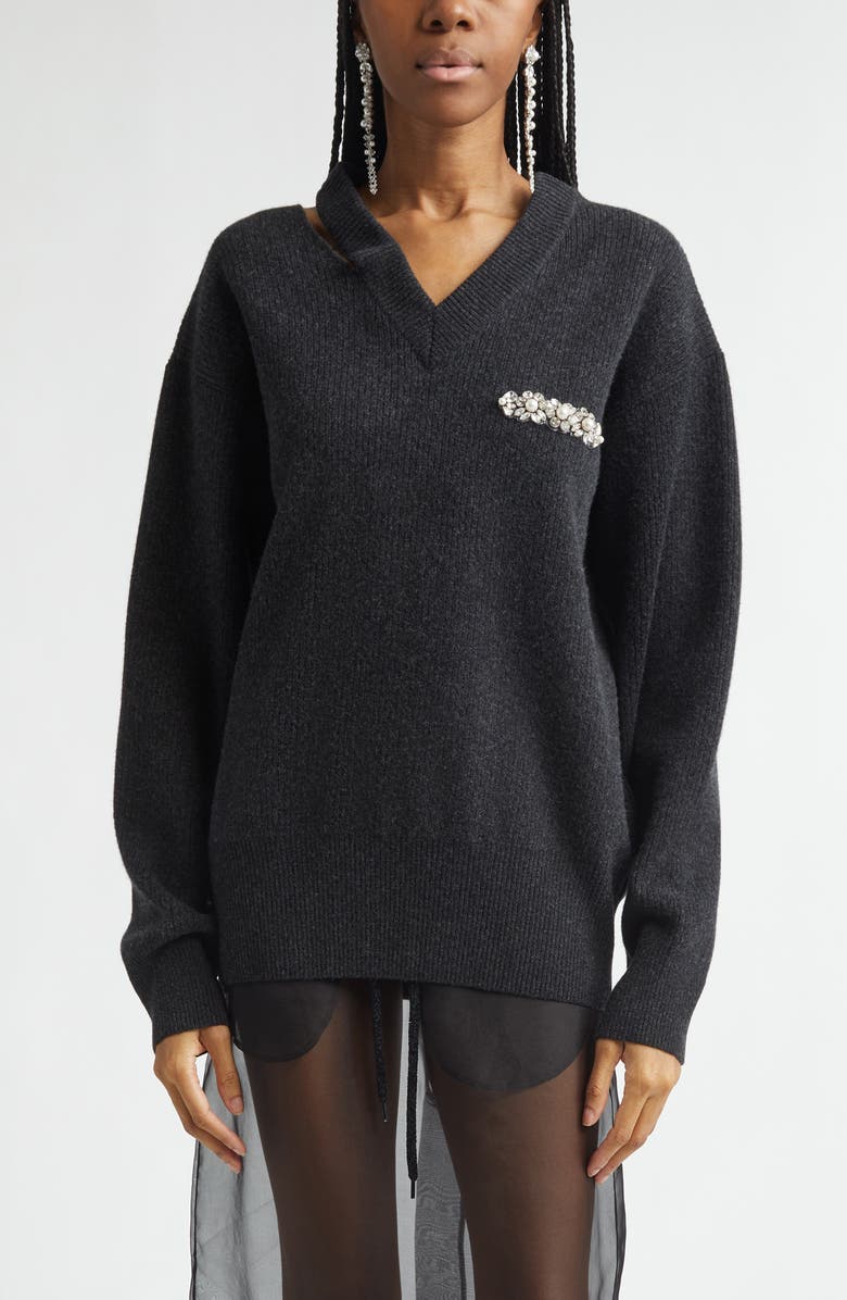 Simone Rocha Seam Bite Embellished Virgin Wool Blend Sweater, Main, color, Charcoal/ Pearl/ Clear
