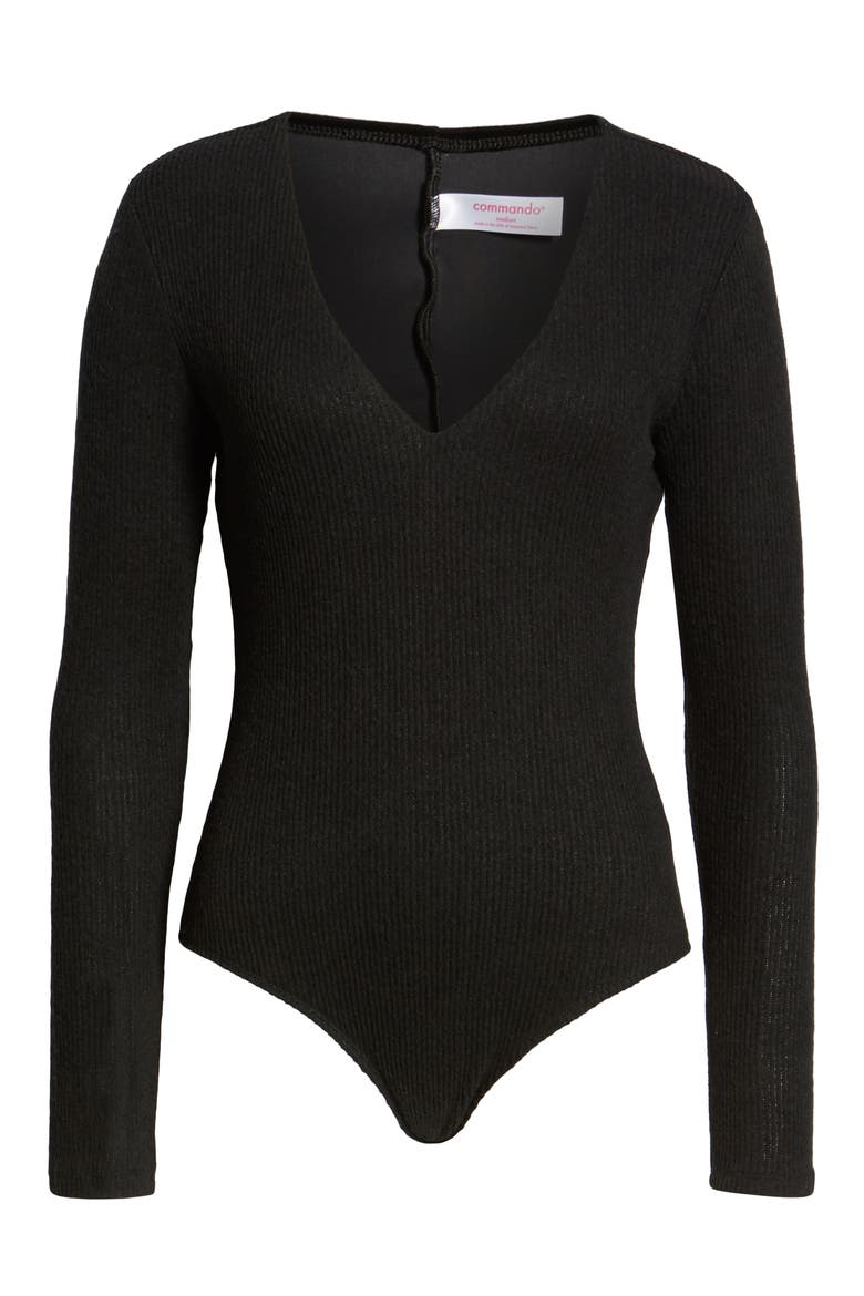 Ribbed V-Neck Bodysuit, Alternate, color, BLACK