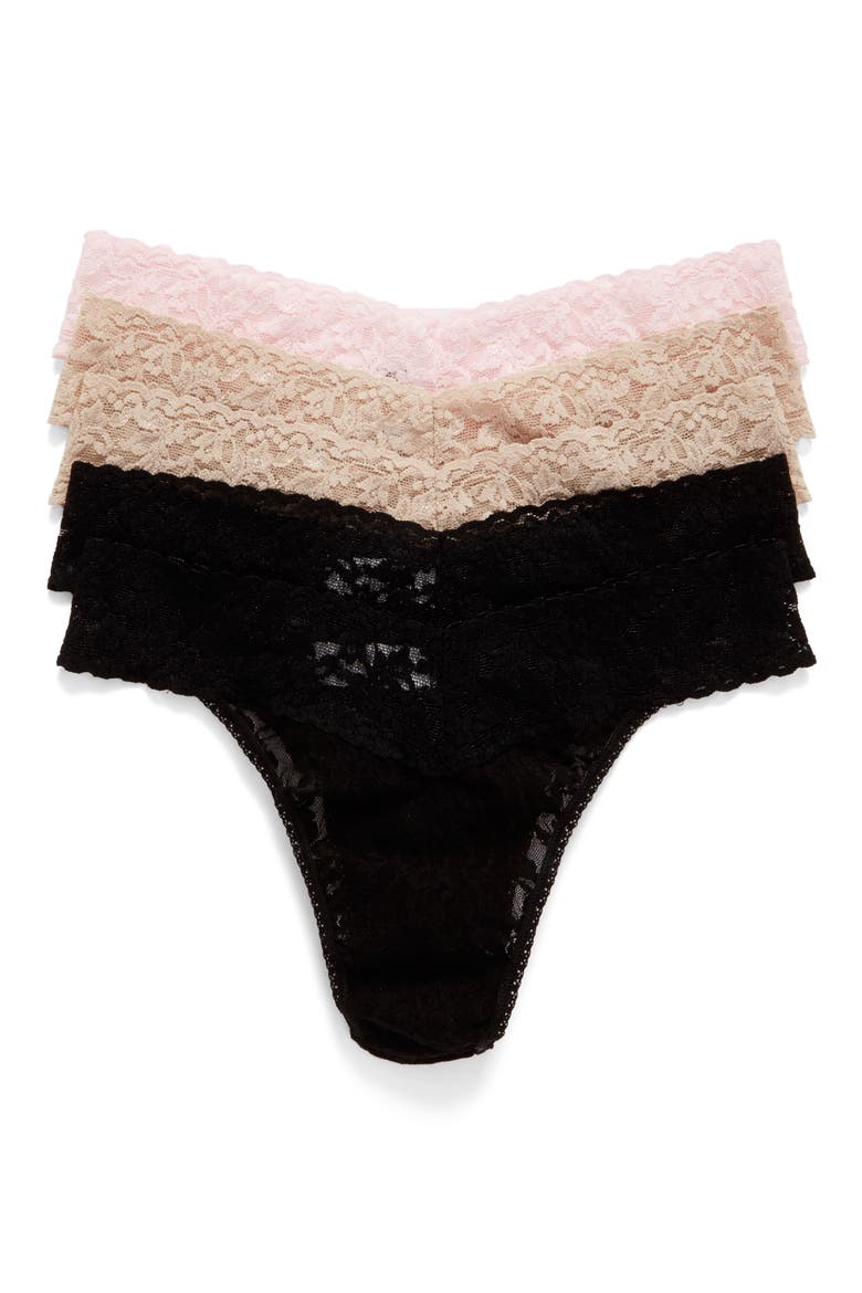 Signature Lace Assorted 5-Pack Original Rise Thongs, Main, color, BLACK/ CHAI/ BLISS PINK