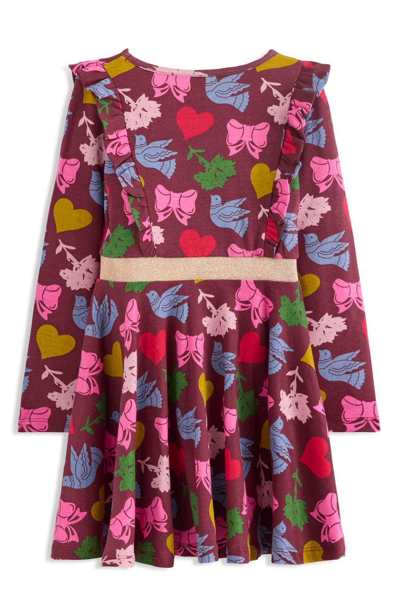 Mini Boden Kids' Twirly Long Sleeve Cotton Jersey Dress, Alternate, color, Chestnut Festive Fun