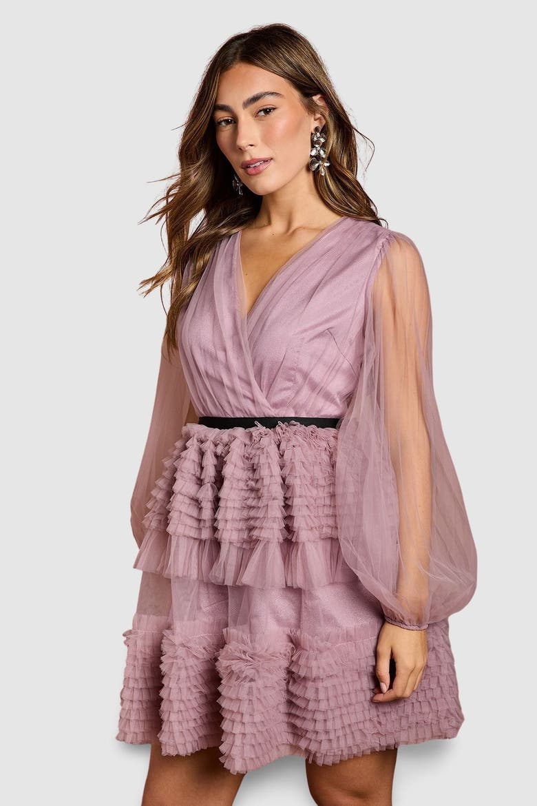 Long Sleeve Mesh Wrap Top Mini Dress, Alternate, color, Lilac