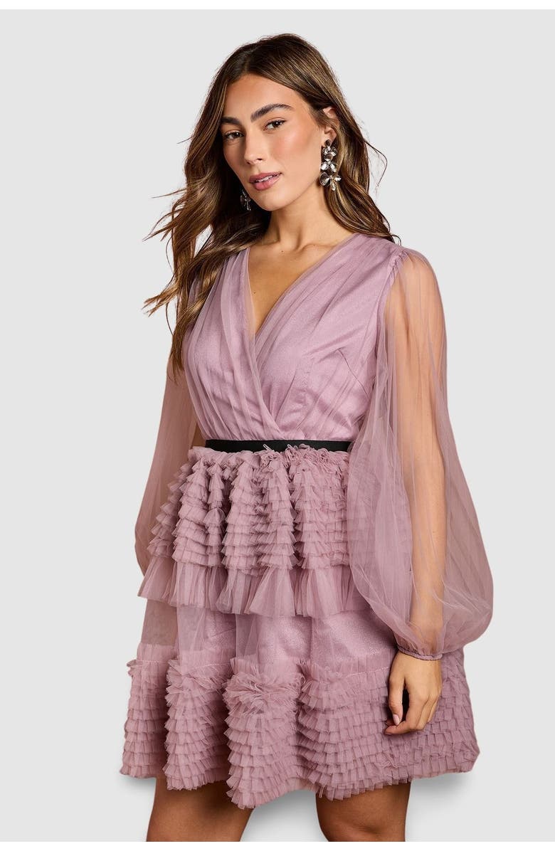 Coast Long Sleeve Mesh Wrap Top Mini Dress, Alternate, color, Lilac