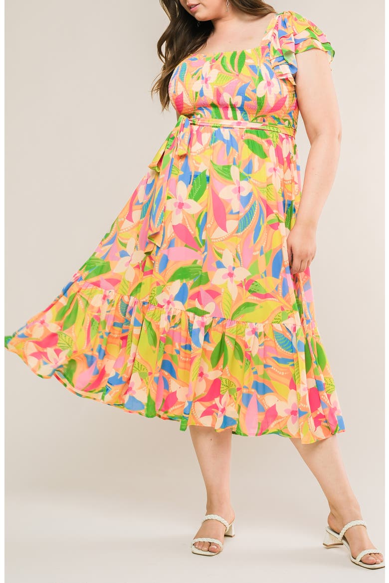 Printed Tie Waist Tiered Midi Dress, Alternate, color, ORANGE GREEN