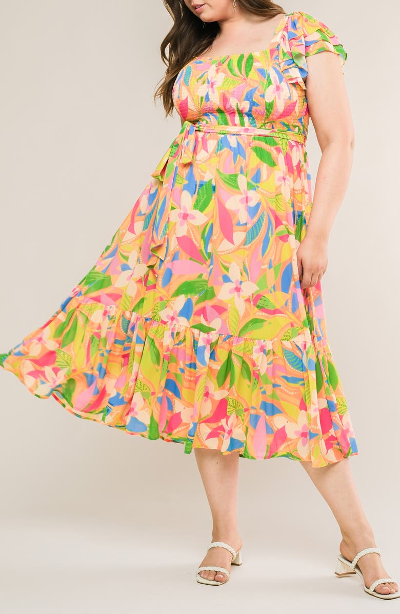 FLYING TOMATO Printed Tie Waist Tiered Midi Dress, Alternate, color, Orange Green