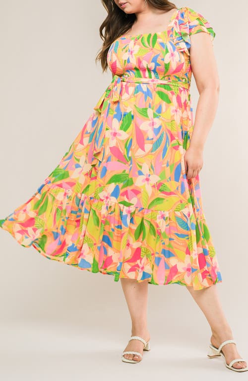 Flying Tomato Printed Tie Waist Tiered Midi Dress