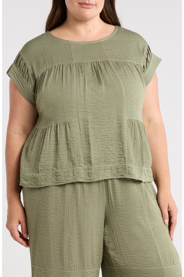 Topstitched Crinkled Cap Sleeve Top, Main, color, OIL GREEN/ IVORY