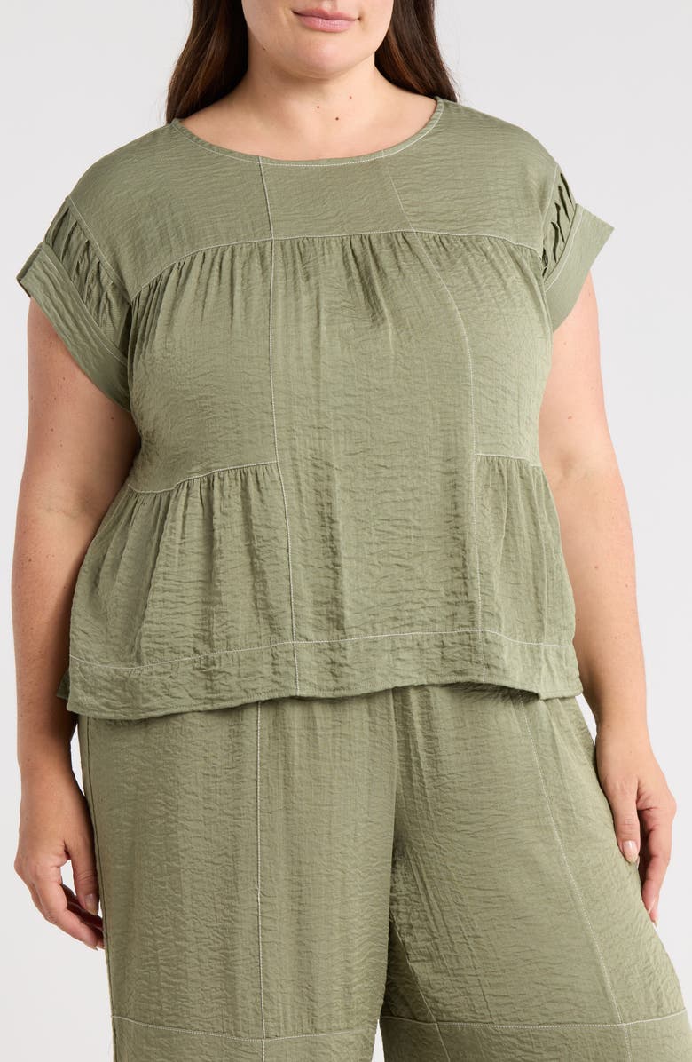 Adrianna Papell Topstitched Crinkled Cap Sleeve Top, Main, color, Oil Green/ Ivory