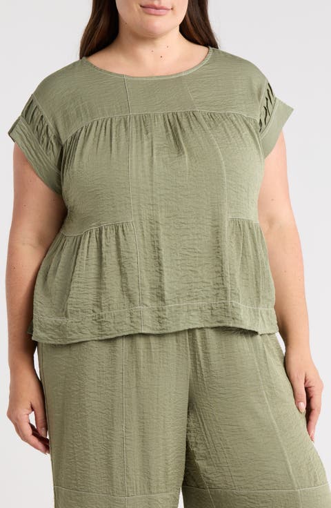 Topstitched Crinkled Cap Sleeve Top (Plus)