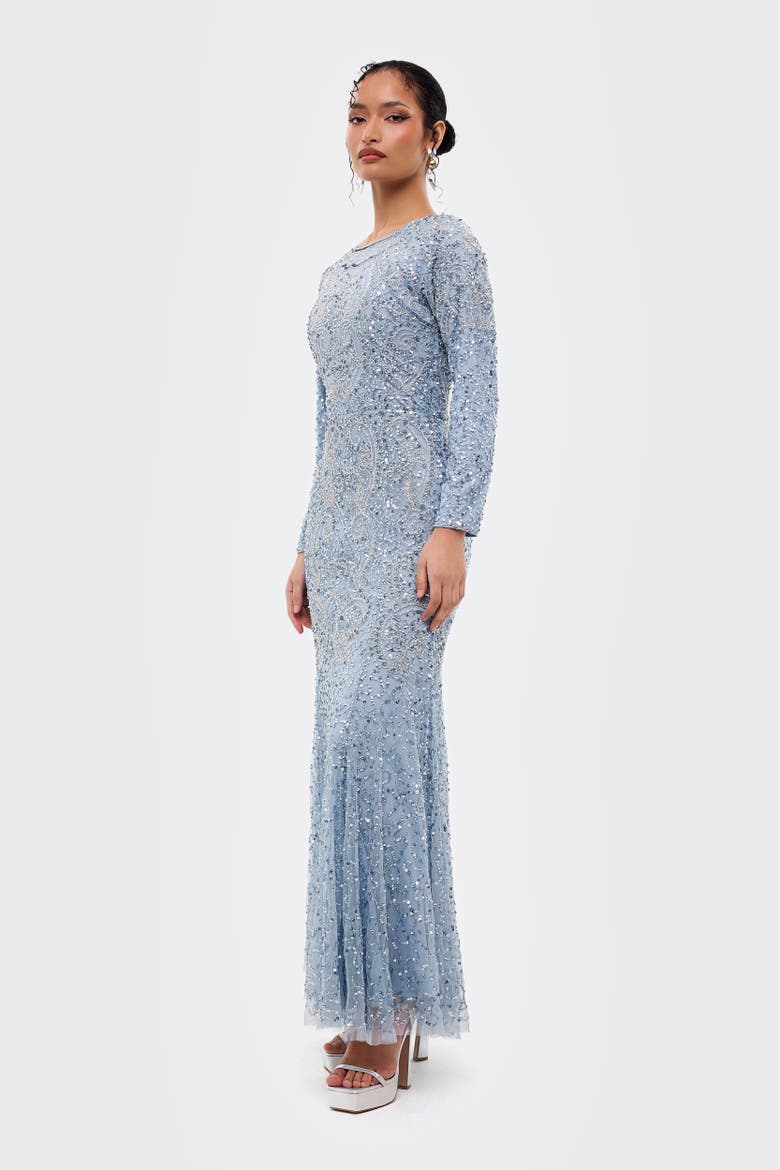 Modest Embellished Sequins Fitted Maxi Dress, Alternate, color, BLUE