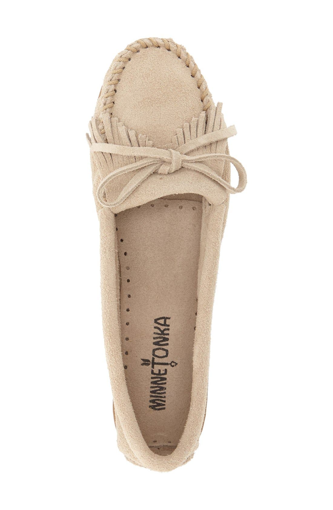 Minnetonka Kilty Suede Driving Shoe, Alternate, color, Stone Suede