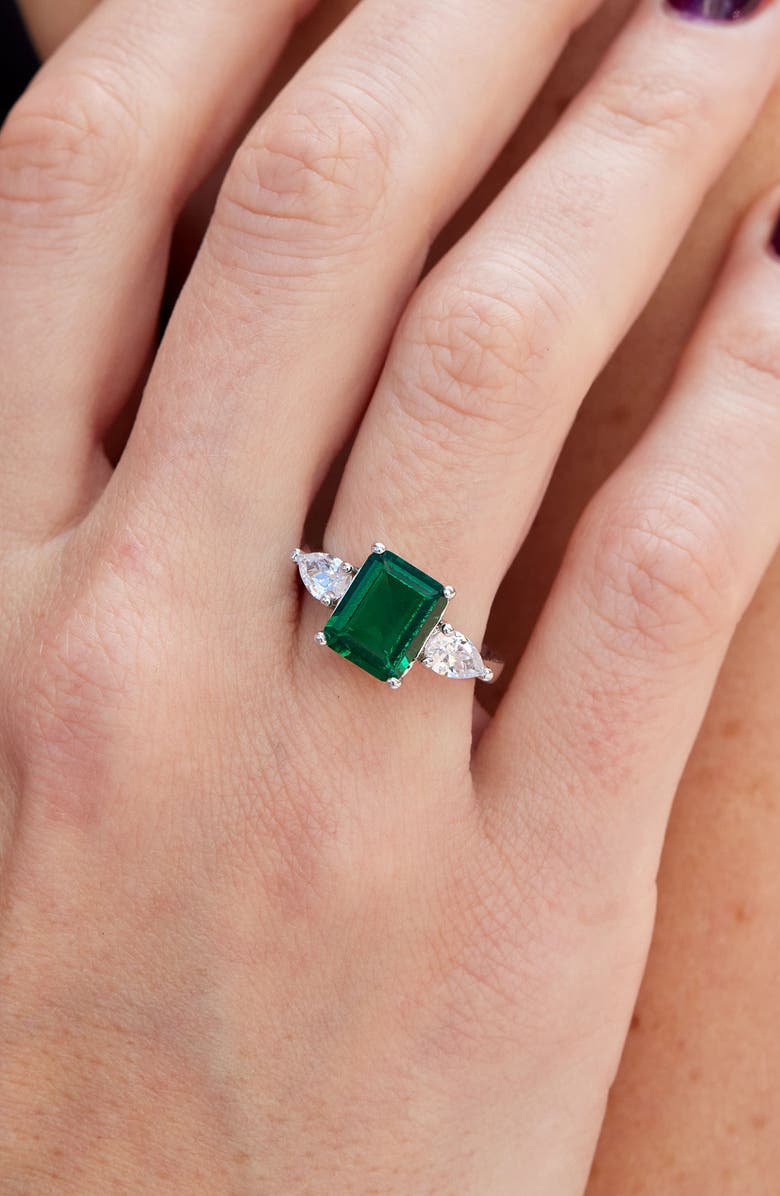 SAVVY CIE JEWELS Emerald Cut Cubic Zirconia Three-Stone Ring, Alternate, color, Rhodium/ Cubic Zirconia