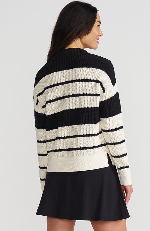 Lands' End Cotton Boucle Johnny Collar Textured Sweater In Ivory/black Stripe