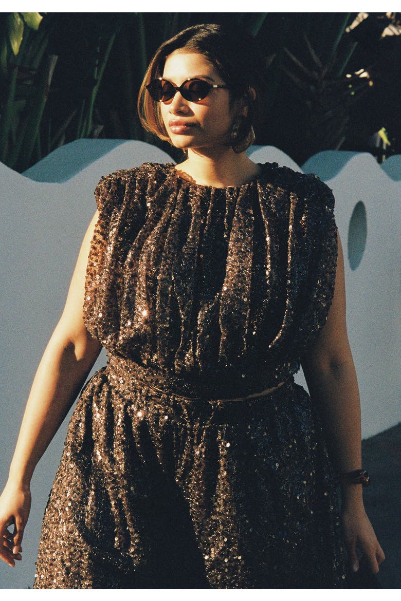 Sequin Strong Shoulder Top, Main, color, DARK BROWN