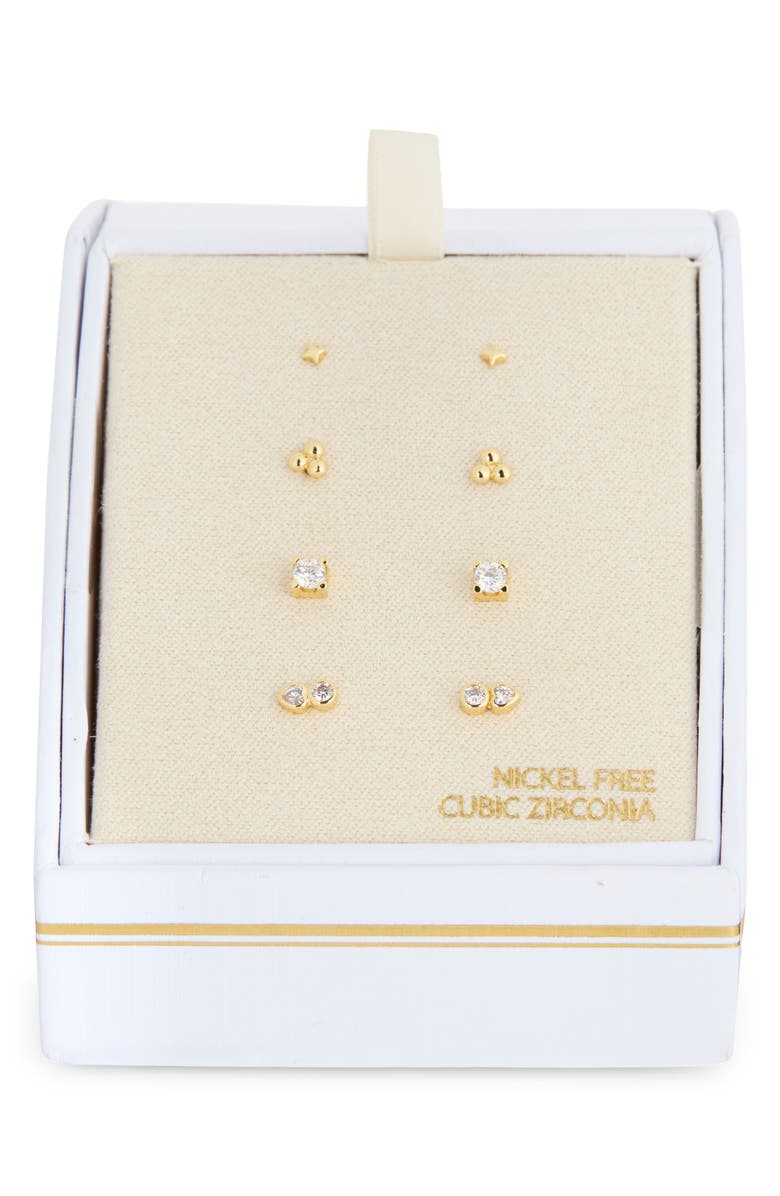 NORDSTROM RACK Set of 4 Cubic Zirconia Stud Earrings, Main, color, Clear- Gold