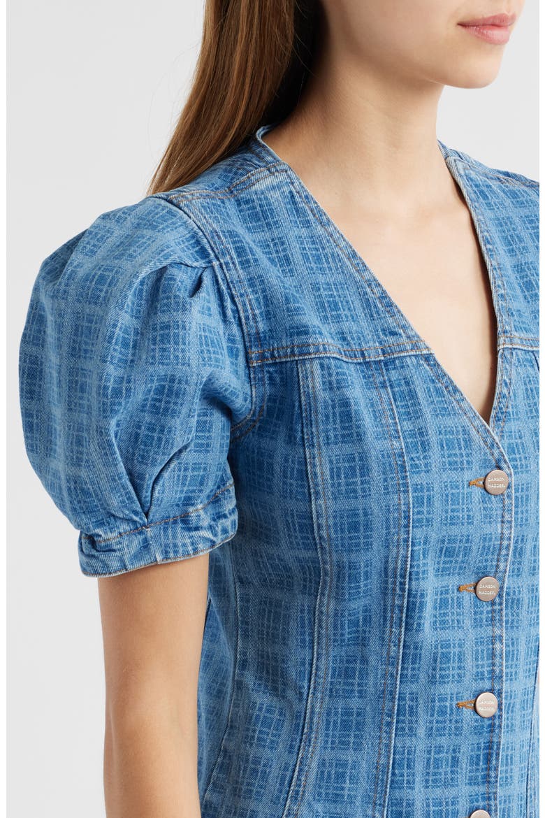 Adeline Grid Puff Sleeve Denim Minidress, Alternate, color, BLUE