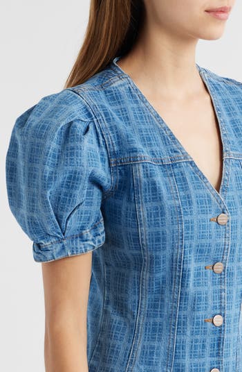 Adeline Grid Puff Sleeve Denim Minidress