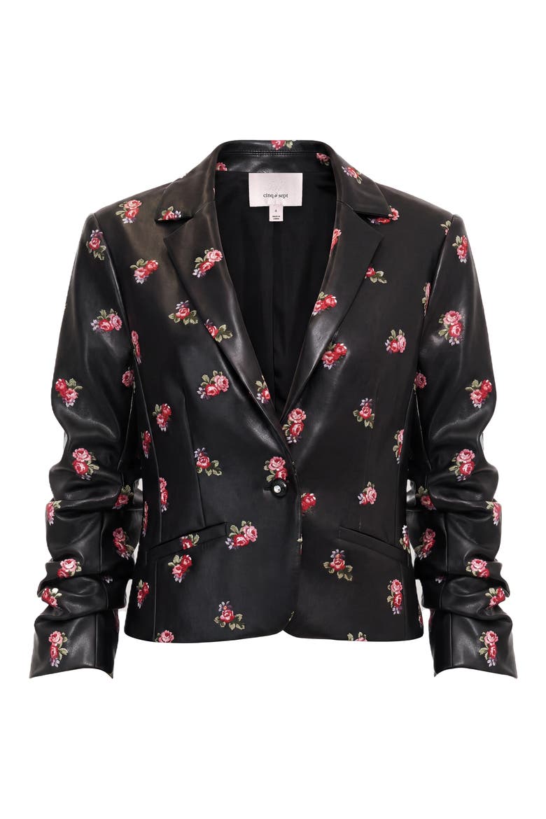 Tossed Roses Le Petit Faux Leather Blazer, Alternate, color, BLACK MULTI