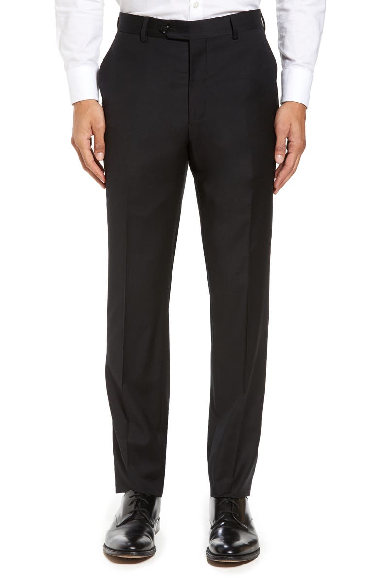 Strong Suit Flat Front Stretch Solid Wool Trousers, Main, color,