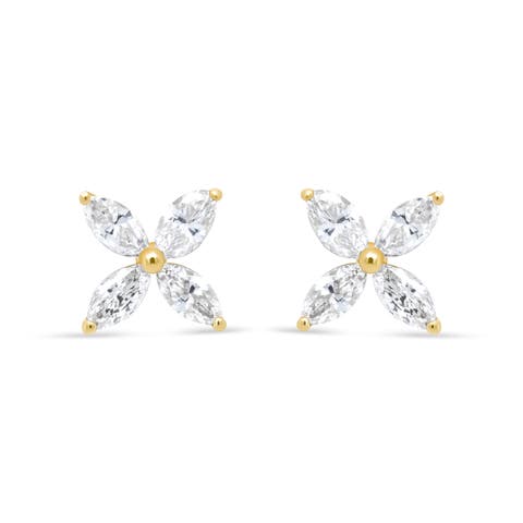 14K Yellow Gold 3/4 Ct Marquise Diamond 8 Stone Floral Leaf Stud Earrings
