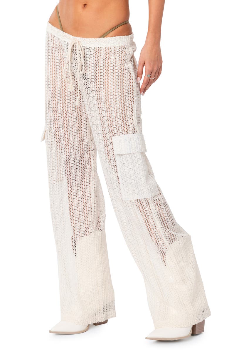 EDIKTED Ines Sheer Lace Cover-Up Cargo Pants, Alternate, color, Cream