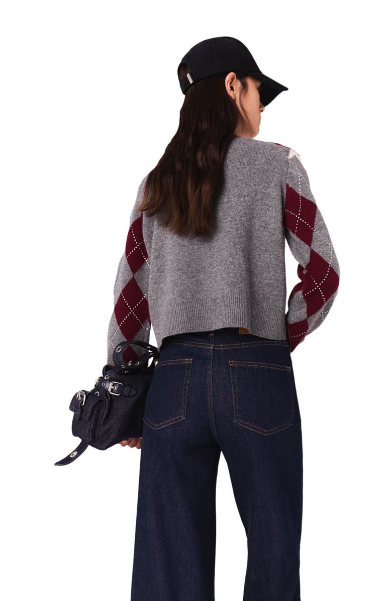 maje Cropped argyle pattern sweater, Alternate, color, Gray / Burgundy / Ecru