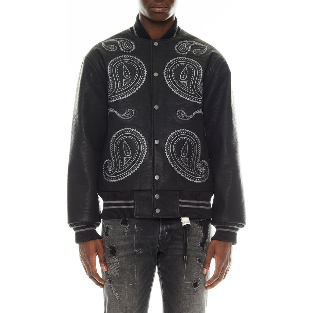 Cult Of Individuality Paisley Appliqué Varsity Jacket In Black